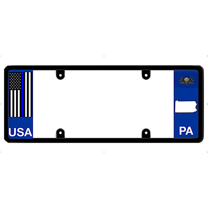 Thin blue line license plate frame with USA and PA text on a white background