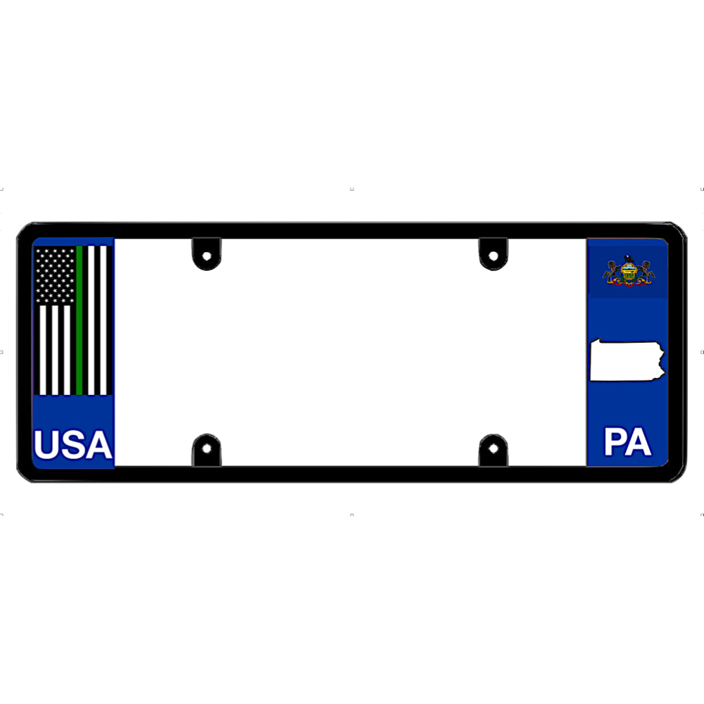Thin green line license plate frame with USA and Pennsylvania designs on a white background