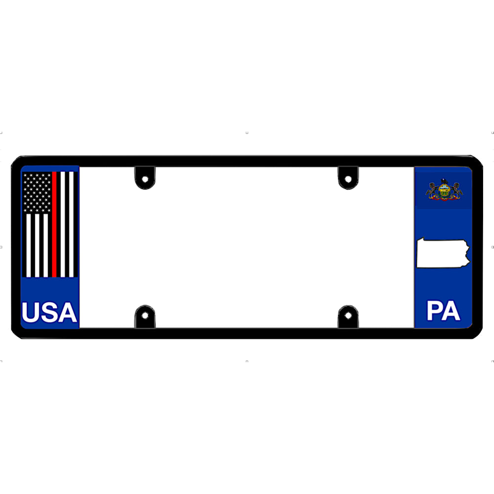 Thin red line license plate frame with USA and Pennsylvania designs on a white background