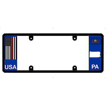 Thin red line license plate frame with USA and Pennsylvania designs on a white background