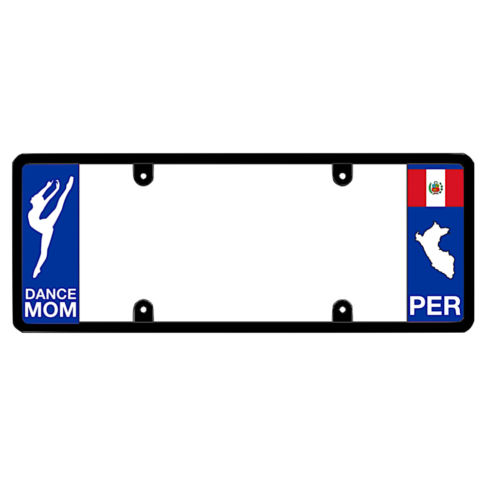 License plate frame with a dance mom graphic on the left and a Peru flag on the right by DFS Brands.