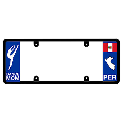 License plate frame with a dance mom graphic on the left and a Peru flag on the right by DFS Brands.