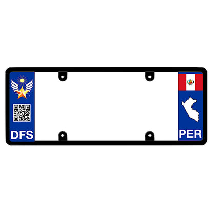 License plate frame with a scan QR code panel on the left and a Peru flag on the right by DFS Brands.