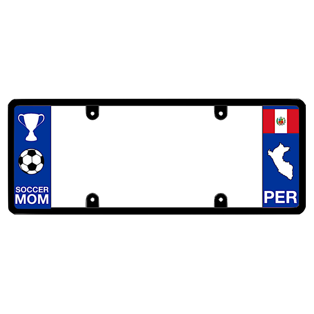 License plate frame with a soccer mom graphic on the left and a Peru flag on the right by DFS Brands.