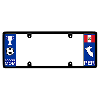 License plate frame with a soccer mom graphic on the left and a Peru flag on the right by DFS Brands.