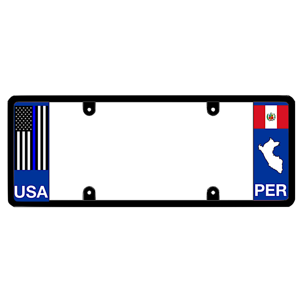 License plate frame with a thin blue line flag on the left and a Peru flag on the right by DFS Brands.