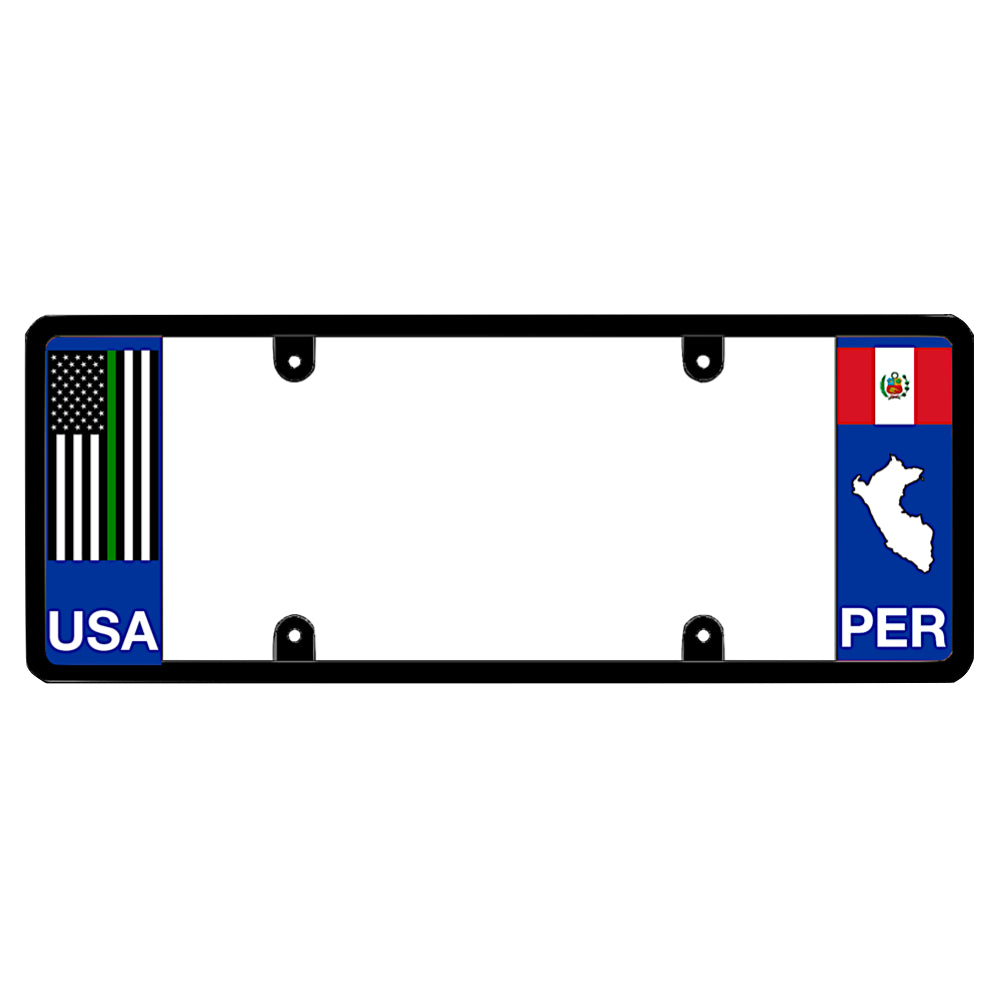 License plate frame with a thin green line flag on the left and a Peru flag on the right by DFS Brands.