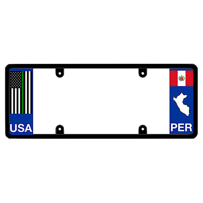 License plate frame with a thin green line flag on the left and a Peru flag on the right by DFS Brands.