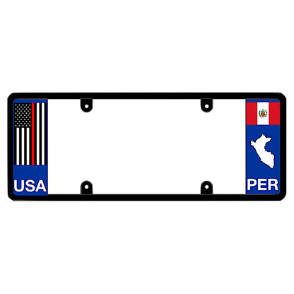 License plate frame with a thin red line flag on the left and a Peru flag on the right by DFS Brands.