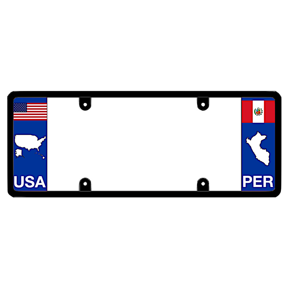 License plate frame with a USA map graphic on the left and a Peru flag on the right by DFS Brands.