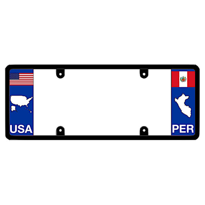 License plate frame with a USA map graphic on the left and a Peru flag on the right by DFS Brands.