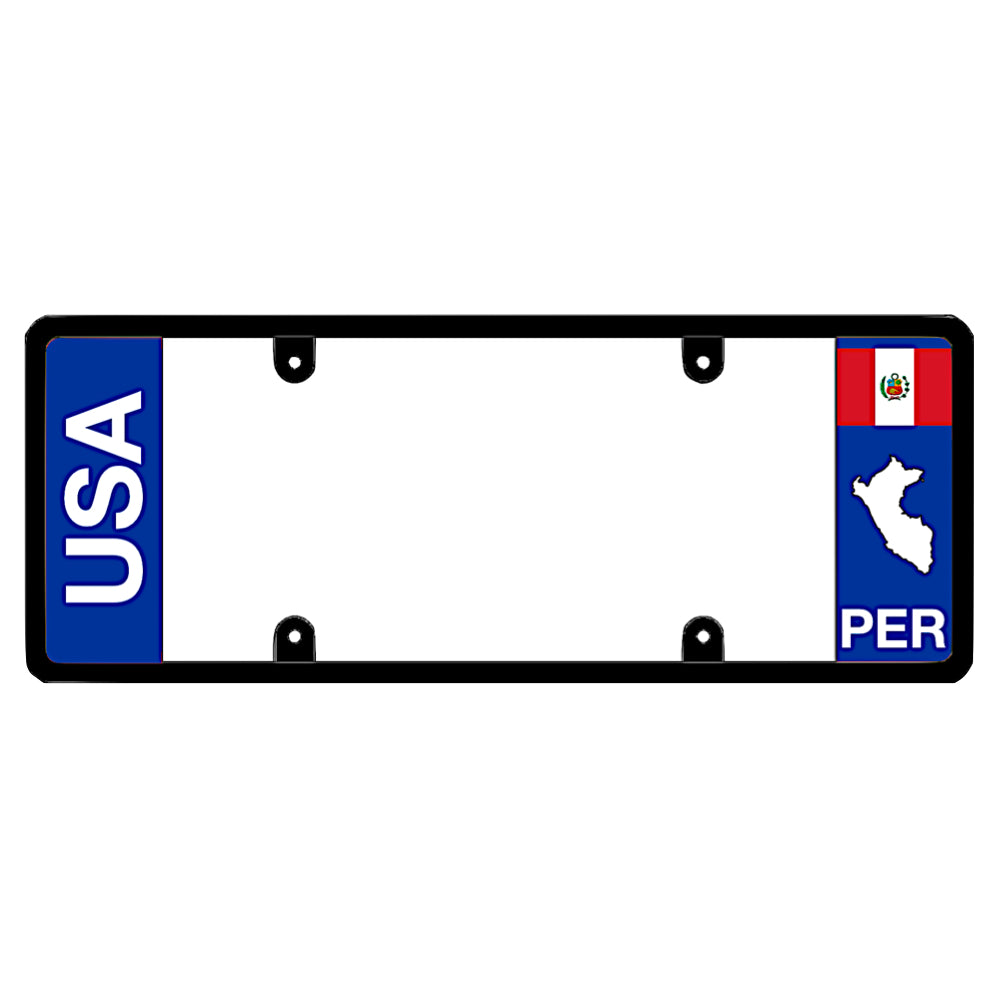 License plate frame with bold vertical USA text on the left and a Peru flag on the right by DFS Brands.