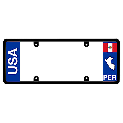 License plate frame with bold vertical USA text on the left and a Peru flag on the right by DFS Brands.