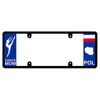 A dance mom themed black elongated Poland license plate frame with a white dancer silhouette on the left and a Polish flag, map silhouette, and POL text on the right by DFS Brands.