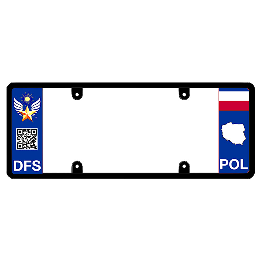 Official DFS Brands patented Poland license plate frame with a scan QR code panel on the left and a Polish flag, map silhouette, and POL text on the right.