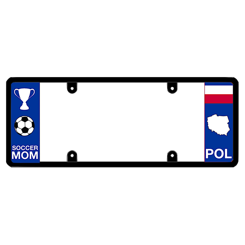A black elongated Poland license plate frame with soccer mom text and trophy graphic on the left and a Polish flag, map silhouette, and POL text on the right by DFS Brands.