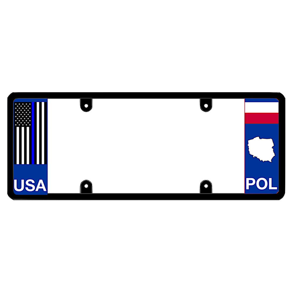 A black elongated Poland license plate frame with a thin blue line law enforcement flag on the left and a Polish flag, map silhouette, and POL text on the right by DFS Brands.