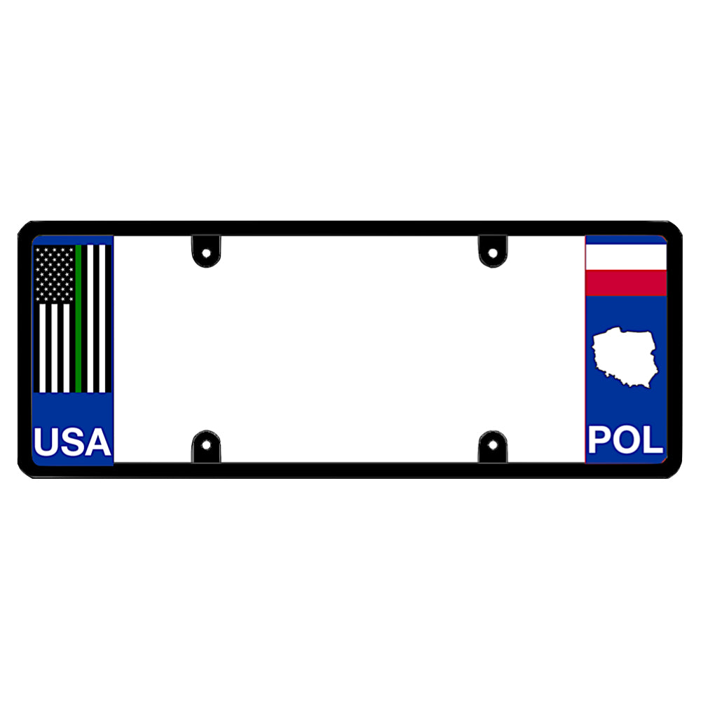 A black elongated Poland license plate holder with a tactical thin green line flag on the left and a Polish flag, map silhouette, and POL text on the right by DFS Brands.