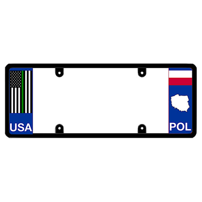 A black elongated Poland license plate holder with a tactical thin green line flag on the left and a Polish flag, map silhouette, and POL text on the right by DFS Brands.