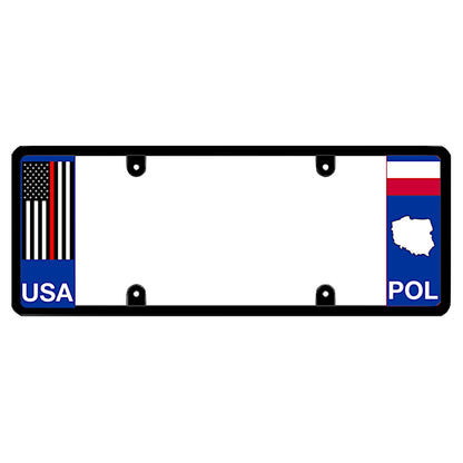 A black elongated Poland license plate frame featuring a thin red line firefighter flag on the left and a Polish flag, map silhouette, and POL text on the right by DFS Brands.