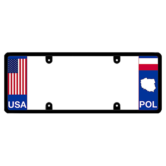 Poland license plate frame holder with American and Polish flags on a white background