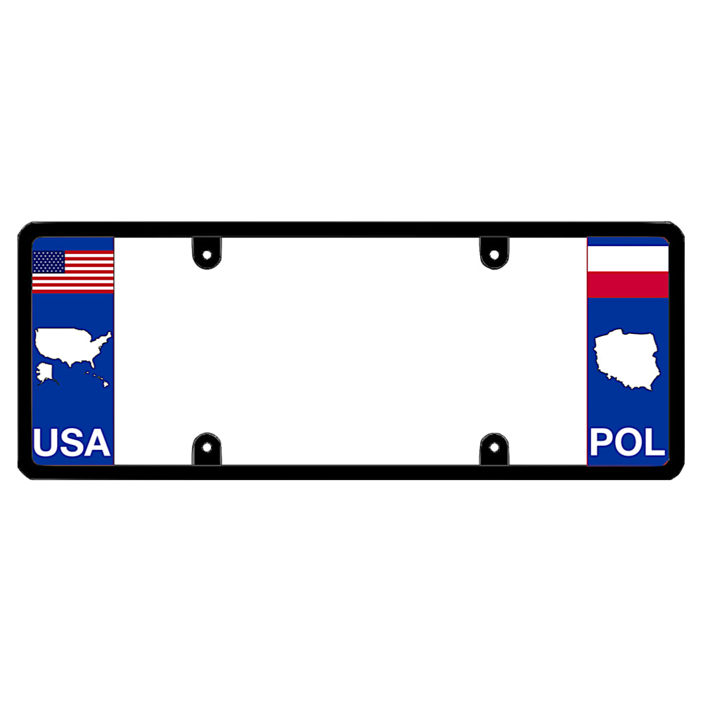 A black elongated Poland car tag holder displaying a USA map outline on the left and a Polish flag, map silhouette, and POL text on the right by DFS Brands.