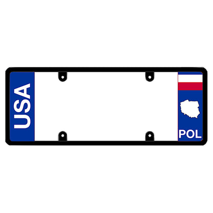 A black elongated Poland license plate frame showing clean bold vertical USA text on the left and a Polish flag, map silhouette, and POL text on the right by DFS Brands.