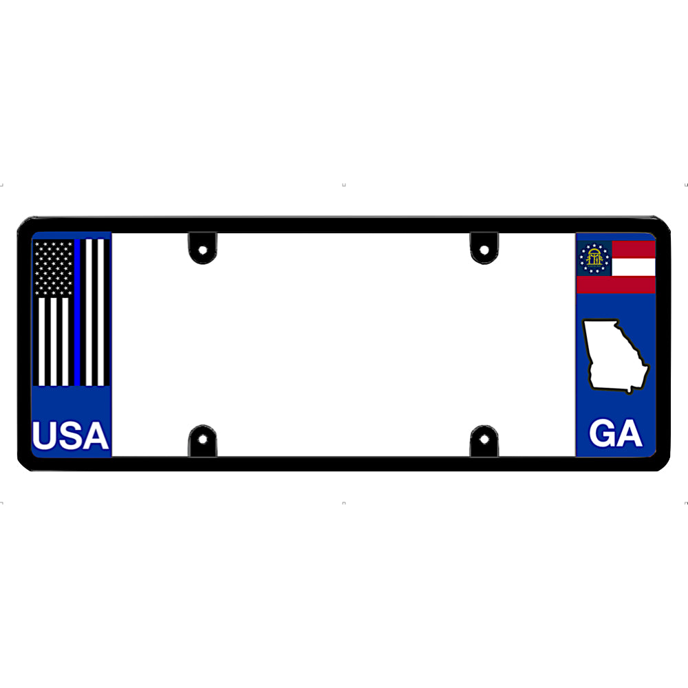 License plate frame with thin blue line USA and Georgia designs on a white background