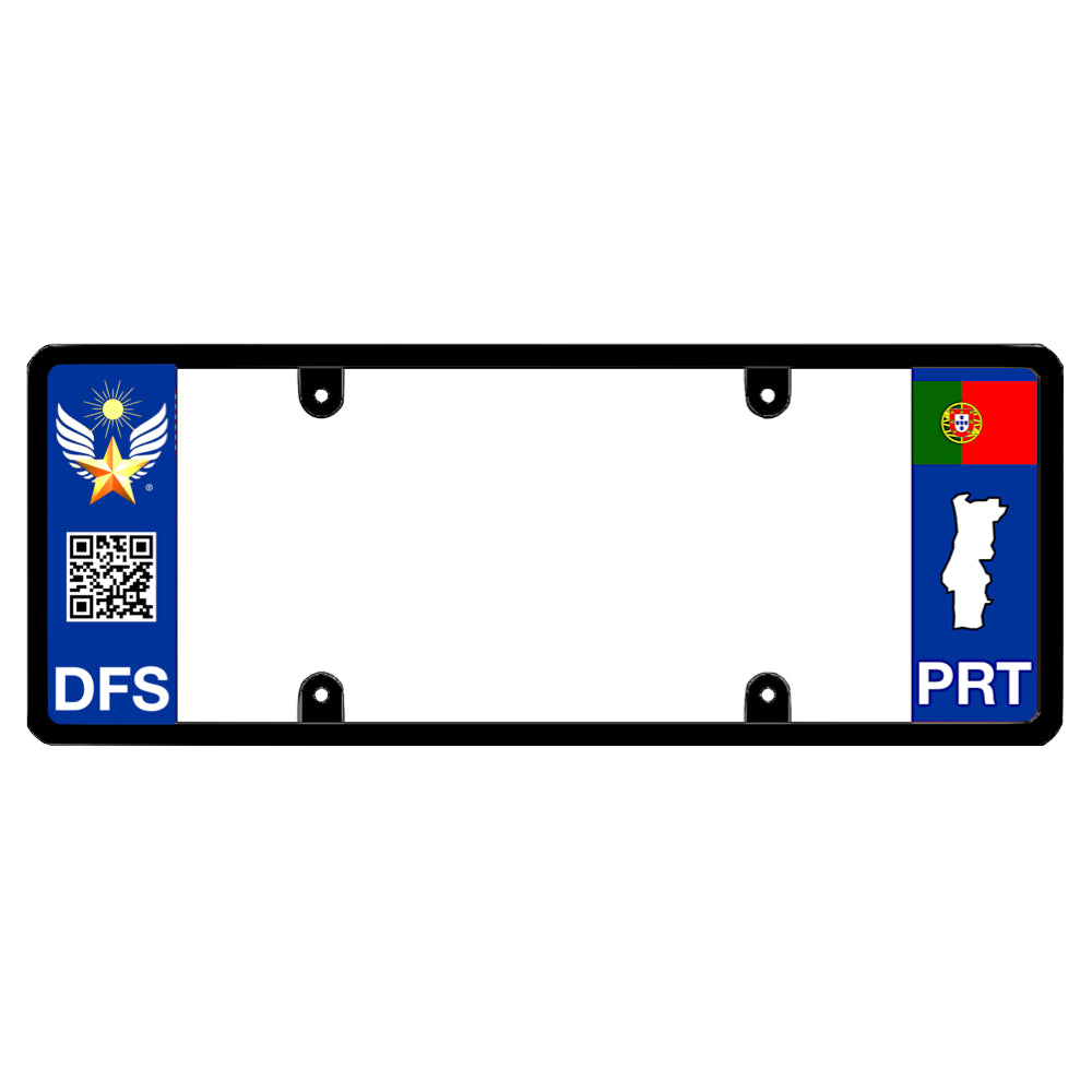 License plate frame with a scan QR code panel on the left and a Portugal flag on the right by DFS Brands.