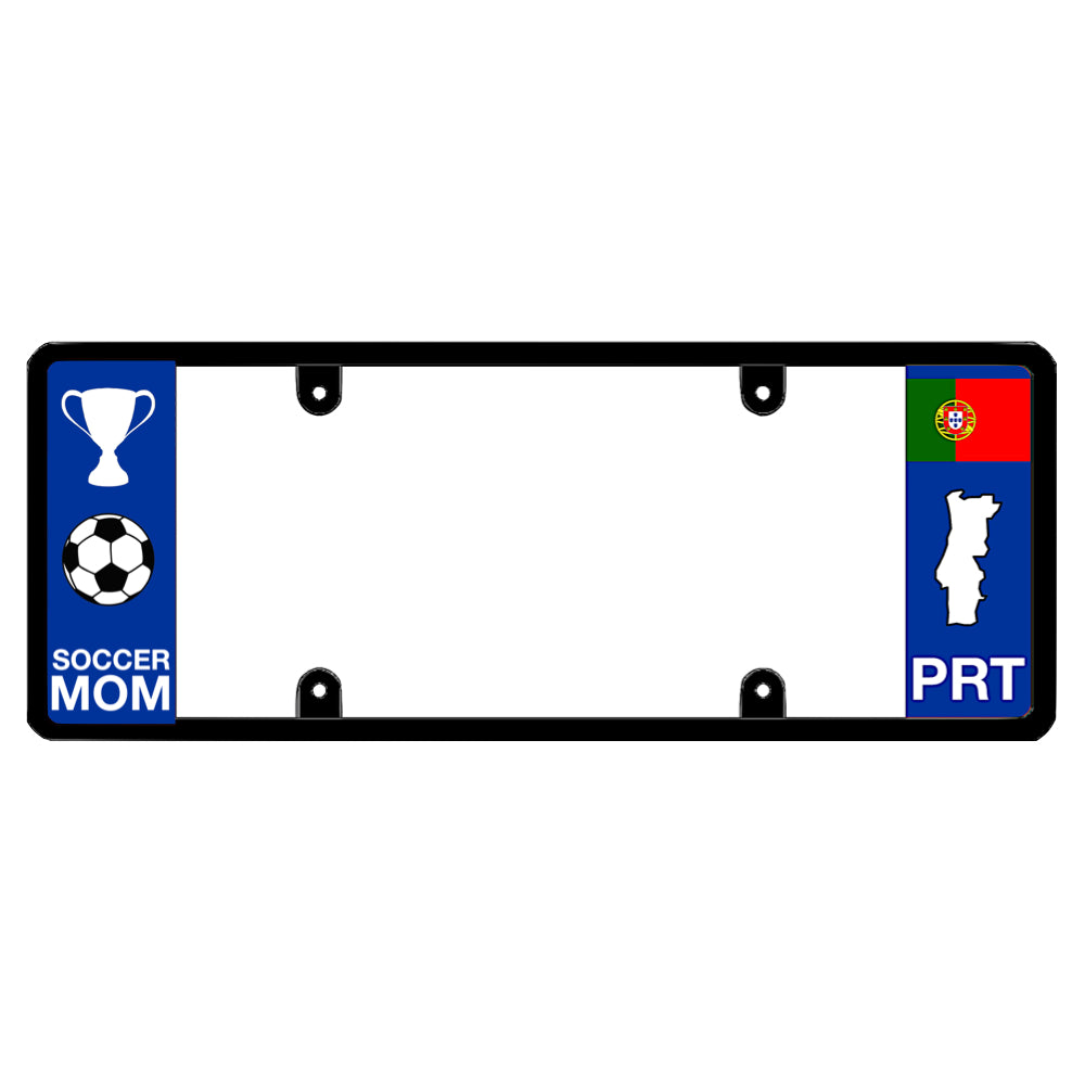 License plate frame with a soccer mom graphic on the left and a Portugal flag on the right by DFS Brands.