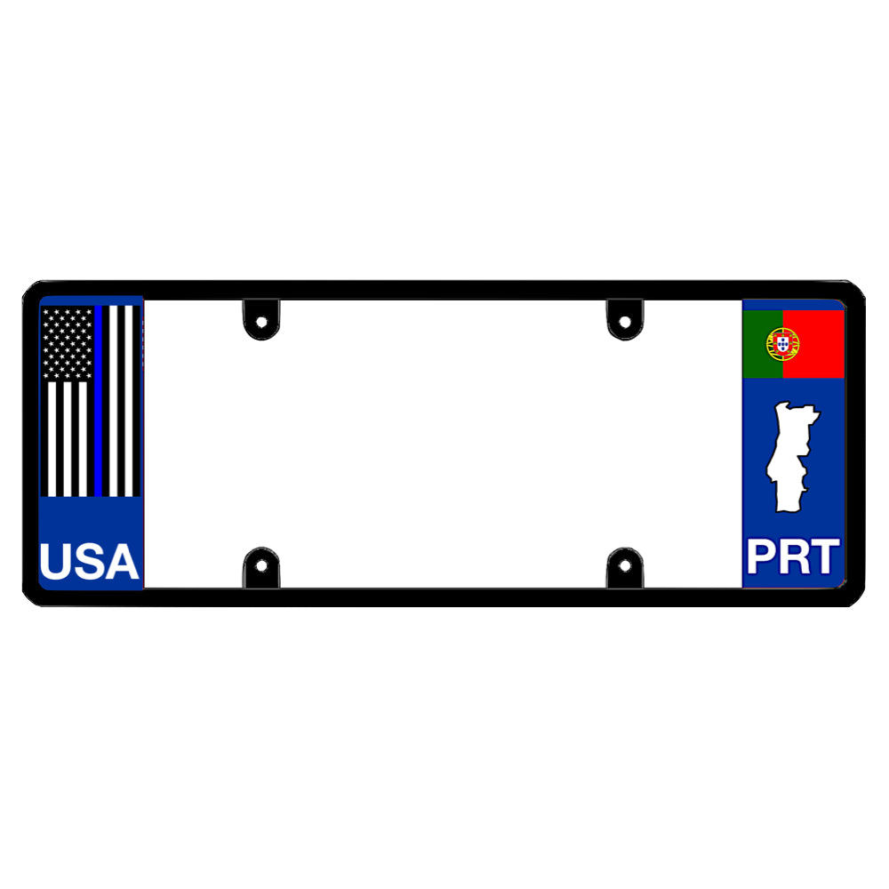 License plate frame with a thin blue line flag on the left and a Portugal flag on the right by DFS Brands.