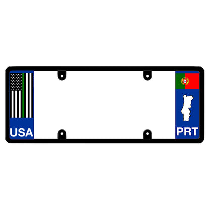 License plate frame with a thin green line flag on the left and a Portugal flag on the right by DFS Brands.