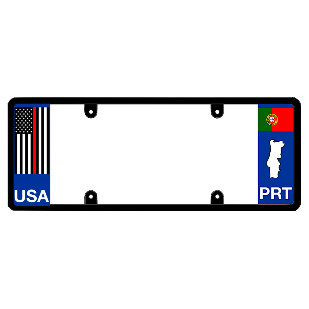 License plate frame with a thin red line flag on the left and a Portugal flag on the right by DFS Brands.