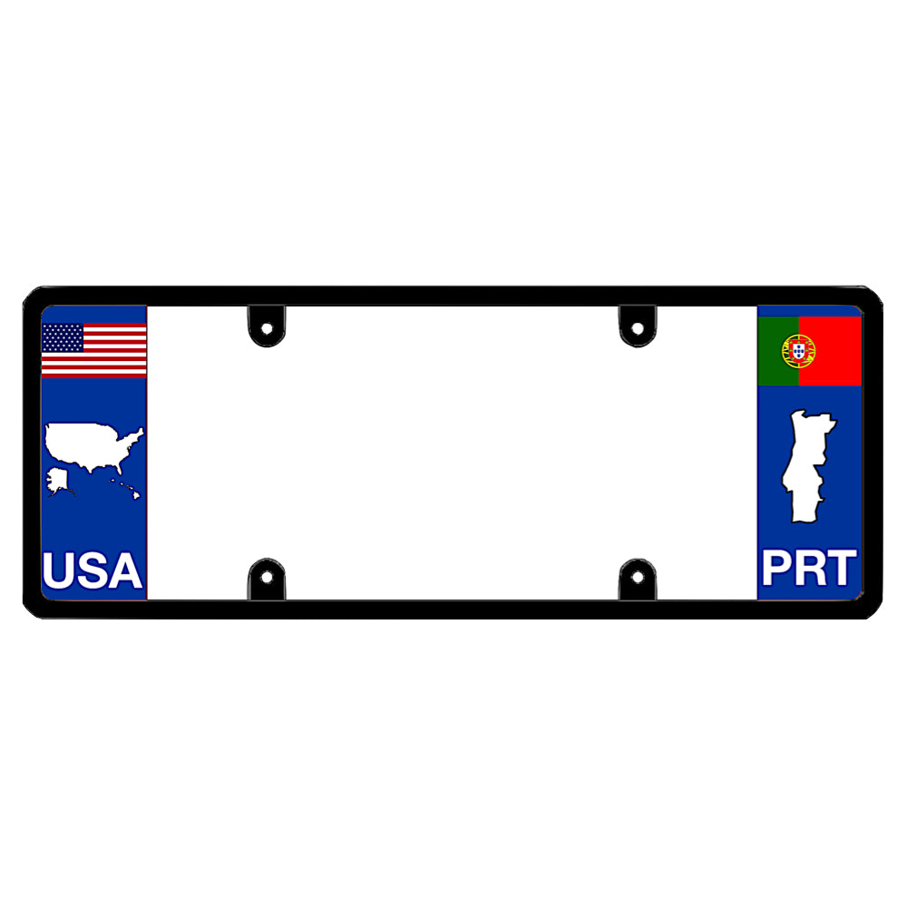 License plate frame with a USA map graphic on the left and a Portugal flag on the right by DFS Brands.