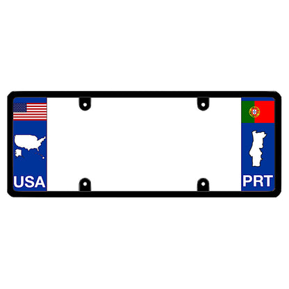 License plate frame with a USA map graphic on the left and a Portugal flag on the right by DFS Brands.