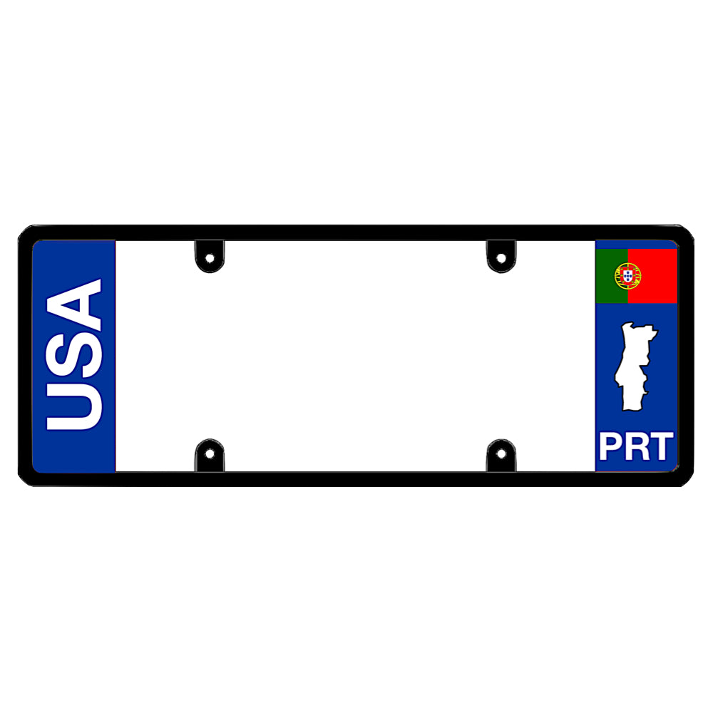 License plate frame with bold vertical USA text on the left and a Portugal flag on the right by DFS Brands.