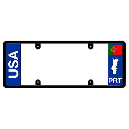 License plate frame with bold vertical USA text on the left and a Portugal flag on the right by DFS Brands.