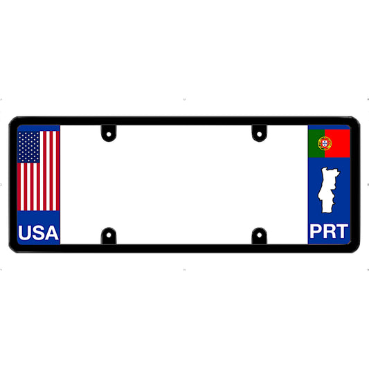 Portugal license plate frame with USA and PRT flags on a white background