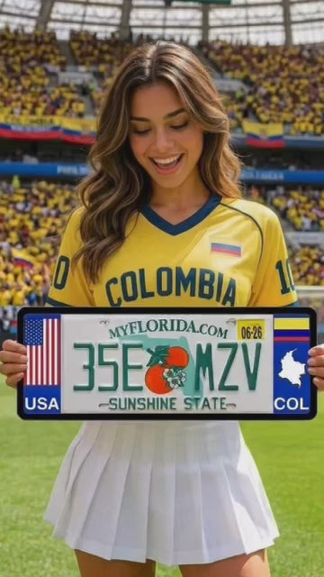DFS Colombia license plate frame presented by Colombian soccer team cheerleader