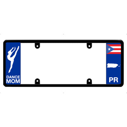 License plate frame with a dance mom graphic on the left and a Puerto Rico flag on the right by DFS Brands.