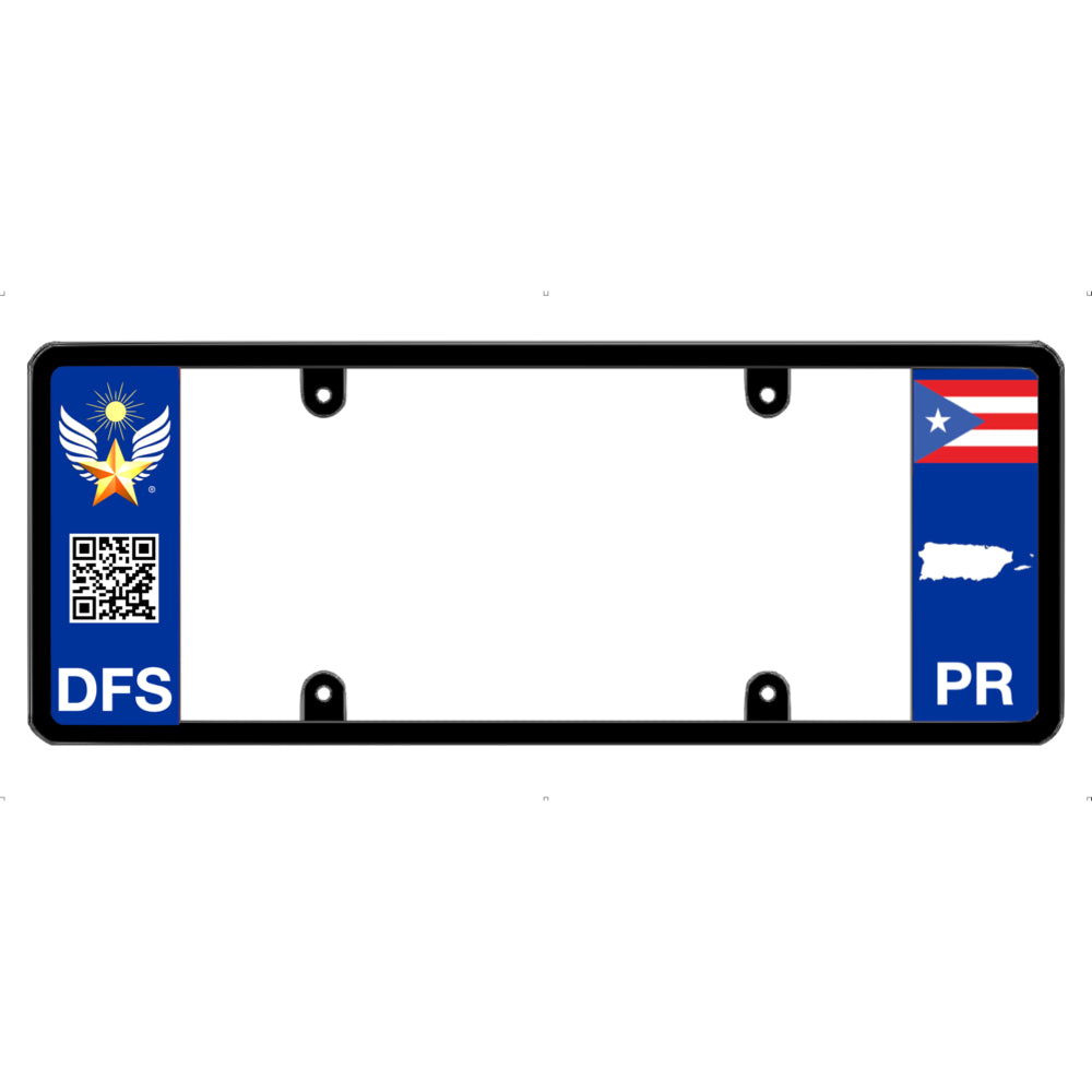 License plate frame with a scan QR code panel on the left and a Puerto Rico flag on the right by DFS Brands.