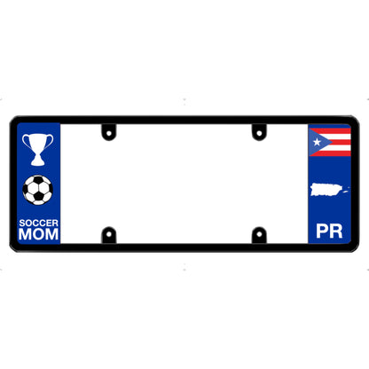 License plate frame with a soccer mom graphic on the left and a Puerto Rico flag on the right by DFS Brands.