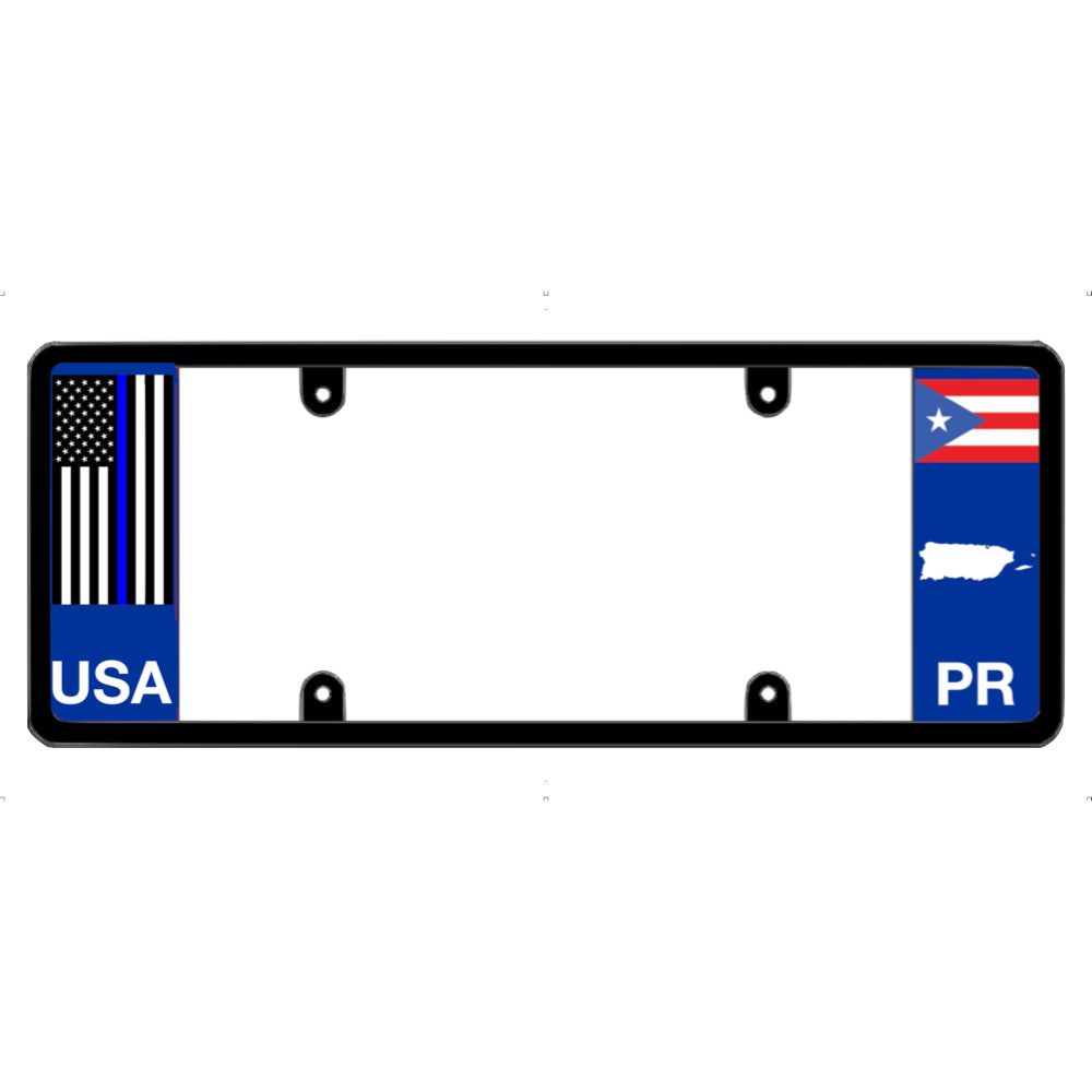 License plate frame with a thin blue line flag on the left and a Puerto Rico flag on the right by DFS Brands.