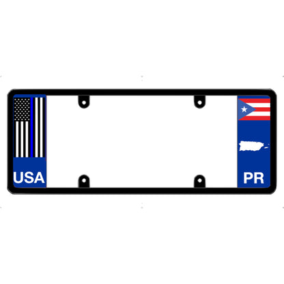 License plate frame with a thin blue line flag on the left and a Puerto Rico flag on the right by DFS Brands.