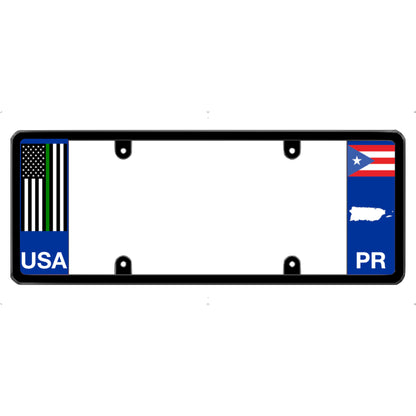 License plate frame with a thin green line flag on the left and a Puerto Rico flag on the right by DFS Brands.