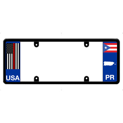 License plate frame with a thin red line flag on the left and a Puerto Rico flag on the right by DFS Brands.