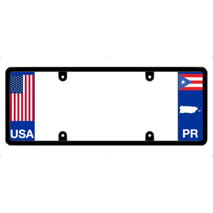 License plate frame with a USA flag graphic on the left and a Puerto Rico flag on the right by DFS Brands.