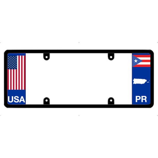 License plate frame with a USA flag graphic on the left and a Puerto Rico flag on the right by DFS Brands.