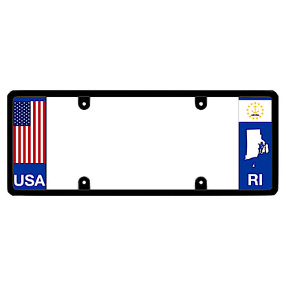 Rhode Island license plate frame USA flag holder by DFS, the official license frame of America. Drive your identity using premium truck and car accessories decorated with a vertical red white and blue Star-Spangled Banner stripe layout next to a gold RI anchor crest graphic.
