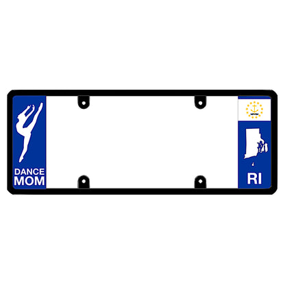 Rhode Island license plate frame dance mom cover by DFS, the official license frame of America. Drive your identity with a custom vehicle tag bracket featuring an elegant white ballet dancer silhouette emblem and a deep blue RI state graphic anchor background.